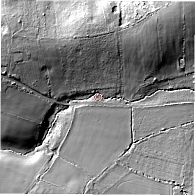Shaded relief map of the ground around PO410XL, computed from Environment Agency LiDAR. The ground here sits at about 7 m above sea level and falls 25 m across the surrounding 800 m. Surface water reaching this point runs off ground lying to the north-east, 20.3 m higher.