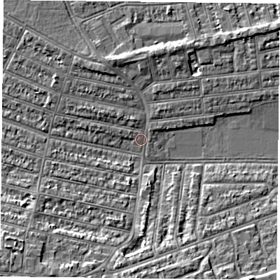 Shaded relief map of the ground around PO48DZ, computed from Environment Agency LiDAR. The ground here sits at about 3 m above sea level and falls 7 m across the surrounding 800 m. Surface water reaching this point runs off ground lying to the north-north-east, 4.0 m higher.