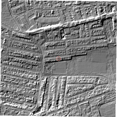 Shaded relief map of the ground around PO48HR, computed from Environment Agency LiDAR. The ground here sits at about 4 m above sea level and falls 5 m across the surrounding 800 m. Surface water reaching this point runs off ground lying to the north-west, 0.7 m higher.