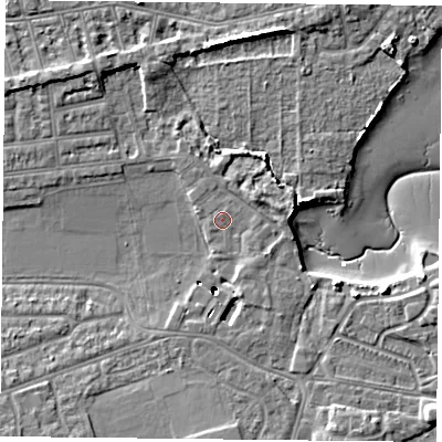 Shaded relief map of the ground around PO48HU, computed from Environment Agency LiDAR. The ground here sits at about 4 m above sea level and falls 10 m across the surrounding 800 m. Surface water reaching this point runs off ground lying to the north, 0.5 m higher.