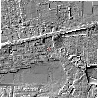 Shaded relief map of the ground around PO48HY, computed from Environment Agency LiDAR. The ground here sits at about 3 m above sea level and falls 10 m across the surrounding 800 m. Surface water reaching this point runs off ground lying to the west-north-west, 3.6 m higher.