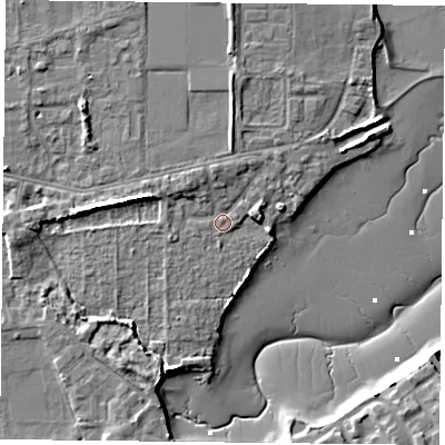 Shaded relief map of the ground around PO48LL, computed from Environment Agency LiDAR. The ground here sits at about 4 m above sea level and falls 9 m across the surrounding 800 m. Surface water reaching this point runs off ground lying to the north-west, 2.4 m higher.