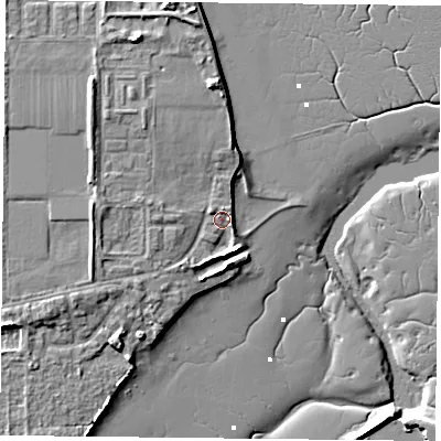 Shaded relief map of the ground around PO48LS, computed from Environment Agency LiDAR. The ground here sits at about 3 m above sea level and falls 10 m across the surrounding 800 m. Surface water reaching this point runs off ground lying to the north-west, 4.0 m higher.
