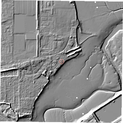 Shaded relief map of the ground around PO48LT, computed from Environment Agency LiDAR. The ground here sits at about 4 m above sea level and falls 10 m across the surrounding 800 m. Surface water reaching this point runs off ground lying to the west, 2.9 m higher.