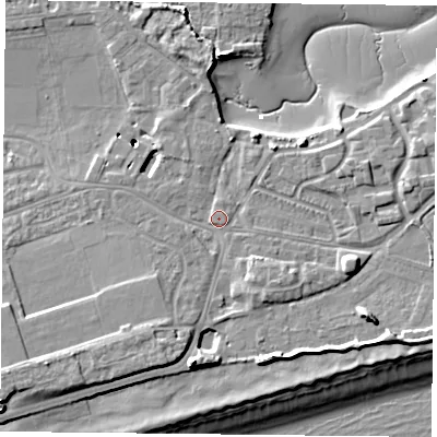 Shaded relief map of the ground around PO49AG, computed from Environment Agency LiDAR. The ground here sits at about 4 m above sea level and falls 11 m across the surrounding 800 m. Surface water reaching this point runs off ground lying to the south-west, 4.1 m higher.