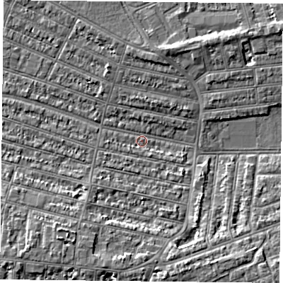 Shaded relief map of the ground around PO49EH, computed from Environment Agency LiDAR. The ground here sits at about 4 m above sea level and falls 7 m across the surrounding 800 m. Surface water reaching this point runs off ground lying to the south-west, 5.7 m higher.