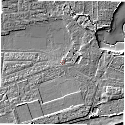 Shaded relief map of the ground around PO49FZ, computed from Environment Agency LiDAR. The ground here sits at about 4 m above sea level and falls 12 m across the surrounding 800 m. Surface water reaching this point runs off ground lying to the east, 0.6 m higher.