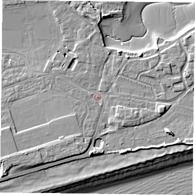 Shaded relief map of the ground around PO49GB, computed from Environment Agency LiDAR. The ground here sits at about 3 m above sea level and falls 11 m across the surrounding 800 m. Surface water reaching this point runs off ground lying to the south-west, 4.1 m higher.