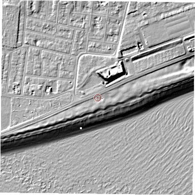 Shaded relief map of the ground around PO49GE, computed from Environment Agency LiDAR. The ground here sits at about 5 m above sea level and falls 14 m across the surrounding 800 m. Surface water reaching this point runs off ground lying to the west-south-west, 0.9 m higher.