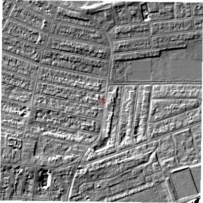Shaded relief map of the ground around PO49JB, computed from Environment Agency LiDAR. The ground here sits at about 4 m above sea level and falls 8 m across the surrounding 800 m. Surface water reaching this point runs off ground lying to the south-west, 5.2 m higher.