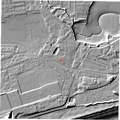 Shaded relief map of the ground around PO49JF, computed from Environment Agency LiDAR. The ground here sits at about 4 m above sea level and falls 17 m across the surrounding 800 m. Surface water reaching this point runs off ground lying to the west, 0.6 m higher.
