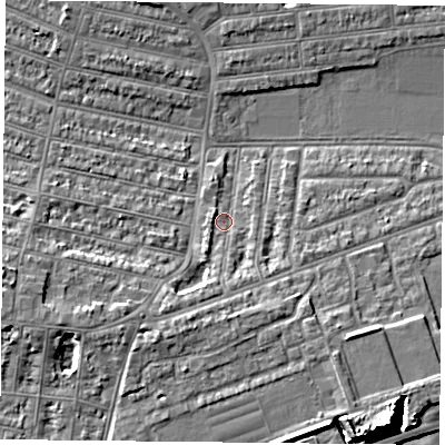 Shaded relief map of the ground around PO49JJ, computed from Environment Agency LiDAR. The ground here sits at about 4 m above sea level and falls 13 m across the surrounding 800 m. Surface water reaching this point runs off ground lying to the south-south-west, 4.7 m higher.