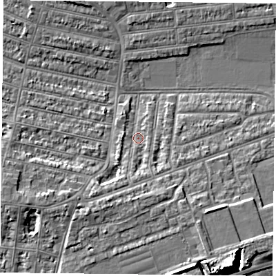 Shaded relief map of the ground around PO49JL, computed from Environment Agency LiDAR. The ground here sits at about 4 m above sea level and falls 13 m across the surrounding 800 m. Surface water reaching this point runs off ground lying to the south-west, 4.7 m higher.