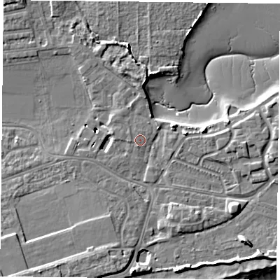 Shaded relief map of the ground around PO49JQ, computed from Environment Agency LiDAR. The ground here sits at about 4 m above sea level and falls 10 m across the surrounding 800 m. Surface water reaching this point runs off ground lying to the west, 0.5 m higher.