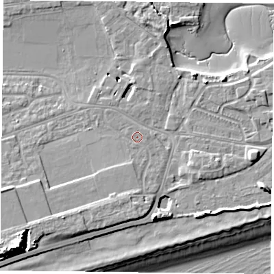 Shaded relief map of the ground around PO49JU, computed from Environment Agency LiDAR. The ground here sits at about 4 m above sea level and falls 17 m across the surrounding 800 m. Surface water reaching this point runs off ground lying to the south-south-west, 1.8 m higher.