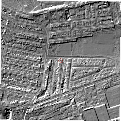 Shaded relief map of the ground around PO49JY, computed from Environment Agency LiDAR. The ground here sits at about 3 m above sea level and falls 6 m across the surrounding 800 m. Surface water reaching this point runs off ground lying to the south-south-west, 6.1 m higher.