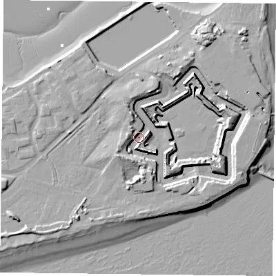 Shaded relief map of the ground around PO49LD, computed from Environment Agency LiDAR. The ground here sits at about 2 m above sea level and falls 13 m across the surrounding 800 m. Surface water reaching this point runs off ground lying to the south, 10.0 m higher.