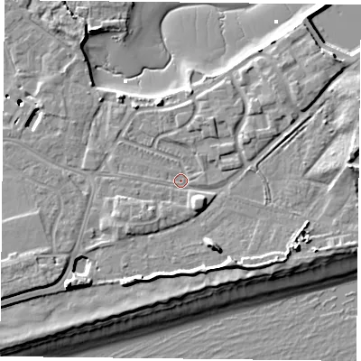 Shaded relief map of the ground around PO49LG, computed from Environment Agency LiDAR. The ground here sits at about 3 m above sea level and falls 11 m across the surrounding 800 m. Surface water reaching this point runs off ground lying to the south-west, 6.0 m higher.