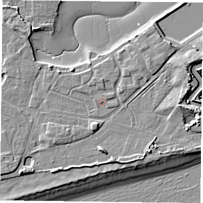 Shaded relief map of the ground around PO49LN, computed from Environment Agency LiDAR. The ground here sits at about 4 m above sea level and falls 13 m across the surrounding 800 m. Surface water reaching this point runs off ground lying to the south-east, 1.0 m higher.
