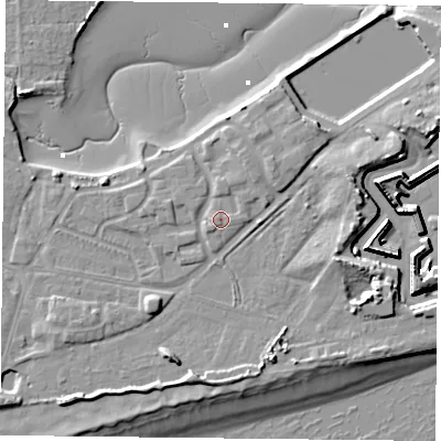 Shaded relief map of the ground around PO49LP, computed from Environment Agency LiDAR. The ground here sits at about 5 m above sea level and falls 13 m across the surrounding 800 m. Surface water reaching this point runs off ground lying to the west-north-west, 0.9 m higher.