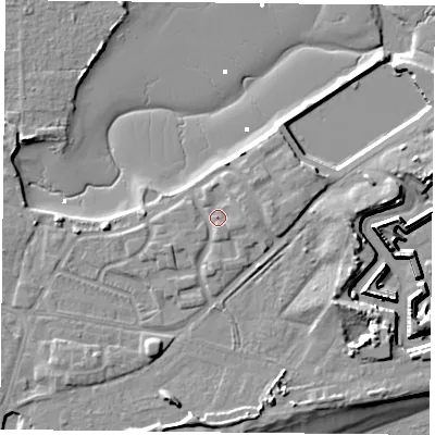 Shaded relief map of the ground around PO49LR, computed from Environment Agency LiDAR. The ground here sits at about 4 m above sea level and falls 13 m across the surrounding 800 m. Surface water reaching this point runs off ground lying to the east, 1.8 m higher.