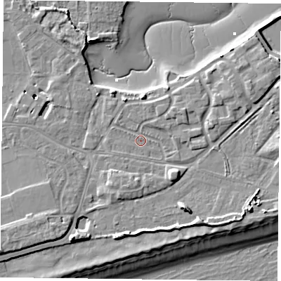 Shaded relief map of the ground around PO49LS, computed from Environment Agency LiDAR. The ground here sits at about 3 m above sea level and falls 11 m across the surrounding 800 m. Surface water reaching this point runs off ground lying to the south-west, 6.0 m higher.