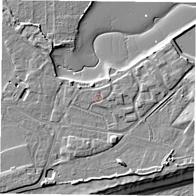 Shaded relief map of the ground around PO49LT, computed from Environment Agency LiDAR. The ground here sits at about 4 m above sea level and falls 11 m across the surrounding 800 m. Surface water reaching this point runs off ground lying to the east, 1.2 m higher.