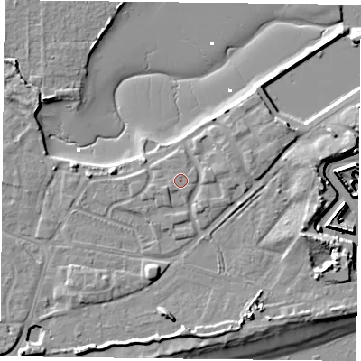 Shaded relief map of the ground around PO49LW, computed from Environment Agency LiDAR. The ground here sits at about 4 m above sea level and falls 13 m across the surrounding 800 m. Surface water reaching this point runs off ground lying to the south-south-east, 0.6 m higher.