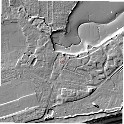 Shaded relief map of the ground around PO49LX, computed from Environment Agency LiDAR. The ground here sits at about 4 m above sea level and falls 11 m across the surrounding 800 m. The ground contributing surface water to this point lies to the south-south-east.