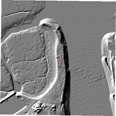 Shaded relief map of the ground around PO49LY, computed from Environment Agency LiDAR. The ground here sits at about 3 m above sea level and falls 12 m across the surrounding 800 m. The ground contributing surface water to this point lies to the south.