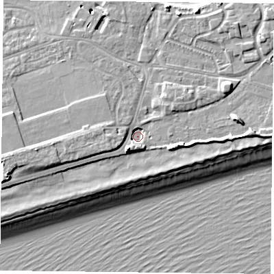 Shaded relief map of the ground around PO49NB, computed from Environment Agency LiDAR. The ground here sits at about 3 m above sea level and falls 11 m across the surrounding 800 m. Surface water reaching this point runs off ground lying to the south-west, 6.0 m higher.