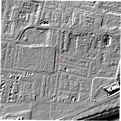 Shaded relief map of the ground around PO49NR, computed from Environment Agency LiDAR. The ground here sits at about 4 m above sea level and falls 14 m across the surrounding 800 m. Surface water reaching this point runs off ground lying to the north-east, 4.2 m higher.