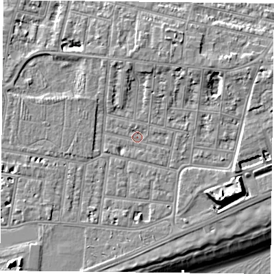 Shaded relief map of the ground around PO49NT, computed from Environment Agency LiDAR. The ground here sits at about 4 m above sea level and falls 14 m across the surrounding 800 m. Surface water reaching this point runs off ground lying to the north-north-east, 4.2 m higher.