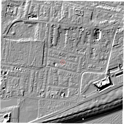 Shaded relief map of the ground around PO49NU, computed from Environment Agency LiDAR. The ground here sits at about 4 m above sea level and falls 14 m across the surrounding 800 m. Surface water reaching this point runs off ground lying to the north-north-east, 4.1 m higher.