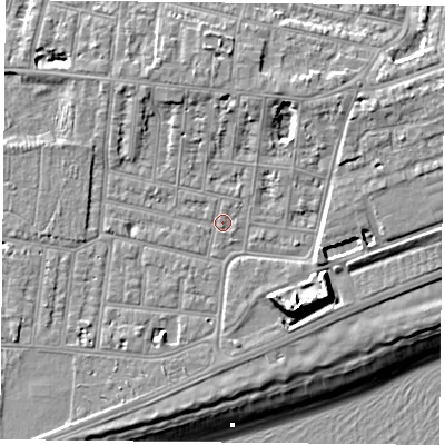 Shaded relief map of the ground around PO49NX, computed from Environment Agency LiDAR. The ground here sits at about 5 m above sea level and falls 14 m across the surrounding 800 m. Surface water reaching this point runs off ground lying to the north-north-east, 4.2 m higher.