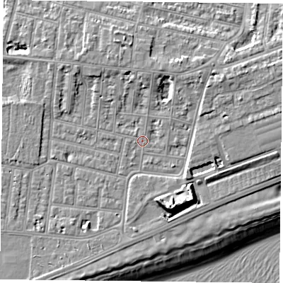 Shaded relief map of the ground around PO49PH, computed from Environment Agency LiDAR. The ground here sits at about 5 m above sea level and falls 14 m across the surrounding 800 m. Surface water reaching this point runs off ground lying to the north-north-east, 1.1 m higher.