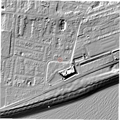 Shaded relief map of the ground around PO49PL, computed from Environment Agency LiDAR. The ground here sits at about 4 m above sea level and falls 14 m across the surrounding 800 m. Surface water reaching this point runs off ground lying to the south-south-east, 8.3 m higher.