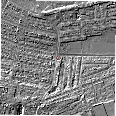 Shaded relief map of the ground around PO49PP, computed from Environment Agency LiDAR. The ground here sits at about 3 m above sea level and falls 7 m across the surrounding 800 m. Surface water reaching this point runs off ground lying to the south-west, 6.4 m higher.