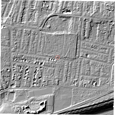 Shaded relief map of the ground around PO49QB, computed from Environment Agency LiDAR. The ground here sits at about 5 m above sea level and falls 13 m across the surrounding 800 m. Surface water reaching this point runs off ground lying to the north-north-east, 4.0 m higher.
