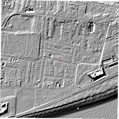 Shaded relief map of the ground around PO49QE, computed from Environment Agency LiDAR. The ground here sits at about 4 m above sea level and falls 14 m across the surrounding 800 m. Surface water reaching this point runs off ground lying to the east-south-east, 8.3 m higher.