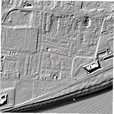 Shaded relief map of the ground around PO49QF, computed from Environment Agency LiDAR. The ground here sits at about 4 m above sea level and falls 14 m across the surrounding 800 m. Surface water reaching this point runs off ground lying to the east-south-east, 8.3 m higher.