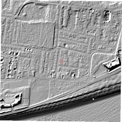 Shaded relief map of the ground around PO49QJ, computed from Environment Agency LiDAR. The ground here sits at about 4 m above sea level and falls 14 m across the surrounding 800 m. Surface water reaching this point runs off ground lying to the south-west, 1.5 m higher.