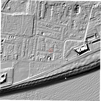 Shaded relief map of the ground around PO49QL, computed from Environment Agency LiDAR. The ground here sits at about 4 m above sea level and falls 14 m across the surrounding 800 m. Surface water reaching this point runs off ground lying to the south, 2.8 m higher.
