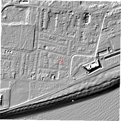 Shaded relief map of the ground around PO49QP, computed from Environment Agency LiDAR. The ground here sits at about 4 m above sea level and falls 14 m across the surrounding 800 m. The ground contributing surface water to this point lies to the south-south-east.