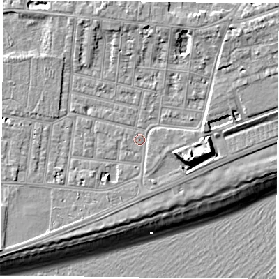 Shaded relief map of the ground around PO49QR, computed from Environment Agency LiDAR. The ground here sits at about 4 m above sea level and falls 14 m across the surrounding 800 m. Surface water reaching this point runs off ground lying to the east-south-east, 8.3 m higher.