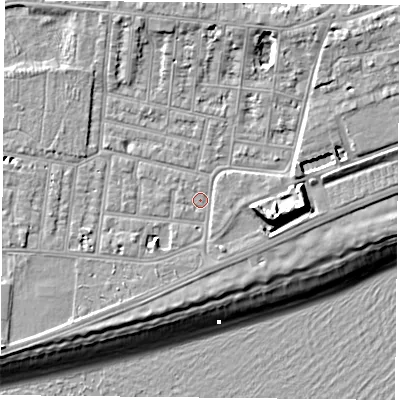 Shaded relief map of the ground around PO49QS, computed from Environment Agency LiDAR. The ground here sits at about 4 m above sea level and falls 14 m across the surrounding 800 m. Surface water reaching this point runs off ground lying to the east-south-east, 8.3 m higher.