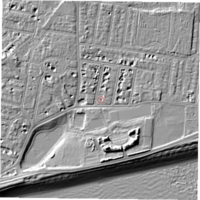 Shaded relief map of the ground around PO49RA, computed from Environment Agency LiDAR. The ground here sits at about 3 m above sea level and falls 13 m across the surrounding 800 m. Surface water reaching this point runs off ground lying to the east, 2.8 m higher.