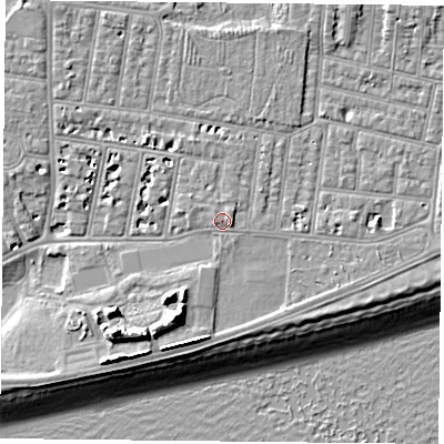 Shaded relief map of the ground around PO49RB, computed from Environment Agency LiDAR. The ground here sits at about 5 m above sea level and falls 13 m across the surrounding 800 m. Surface water reaching this point runs off ground lying to the east, 1.0 m higher.