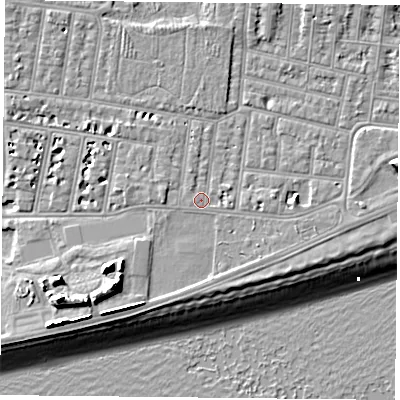 Shaded relief map of the ground around PO49RD, computed from Environment Agency LiDAR. The ground here sits at about 4 m above sea level and falls 13 m across the surrounding 800 m. Surface water reaching this point runs off ground lying to the north-west, 0.9 m higher.