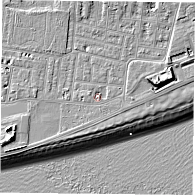 Shaded relief map of the ground around PO49RE, computed from Environment Agency LiDAR. The ground here sits at about 4 m above sea level and falls 14 m across the surrounding 800 m. Surface water reaching this point runs off ground lying to the north-east, 2.8 m higher.